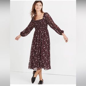 Madewell Georgette Sheer-Sleeve Smocked Midi Dress in Rich Paisley